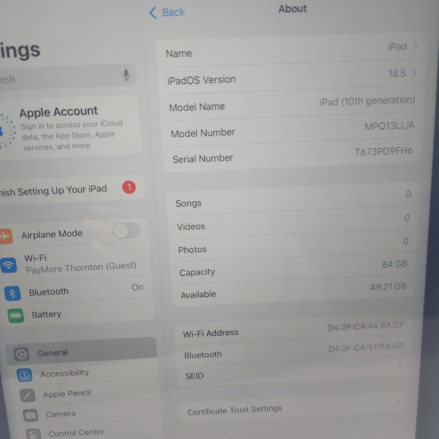 WiFi Only Apple iPad 10th Gen 64GB BLUE